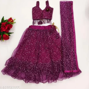 Girls Lehenga Choli Fusion Wear Printed Lehenga, Choli and Dupatta Set  (Purple, Pack of 1)