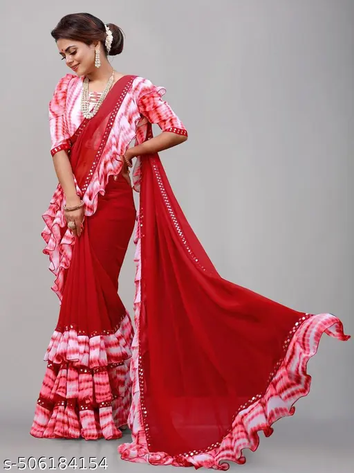 Shibori Print Ruffle Georgette Trending Saree printed cotton saree