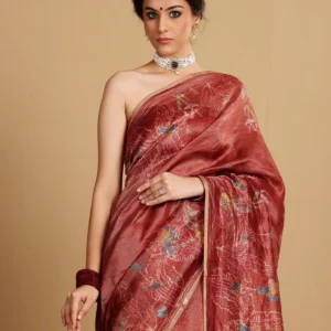 CARAMINE SILK TISSUE STRIPES SAREE