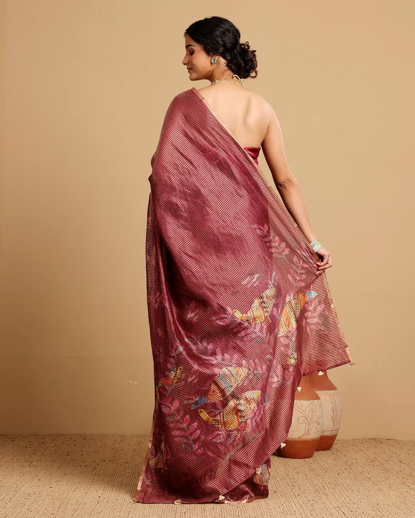 CARAMINE SILK TISSUE STRIPES SAREE - Image 4
