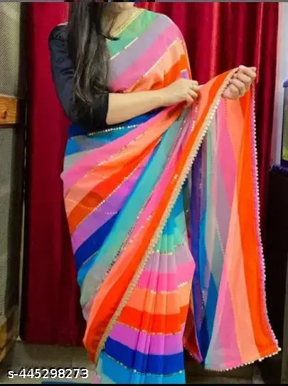 Trendy New Women's Digital Printed Pure Georgette Solid Colourblock Saree with Blouse Piece