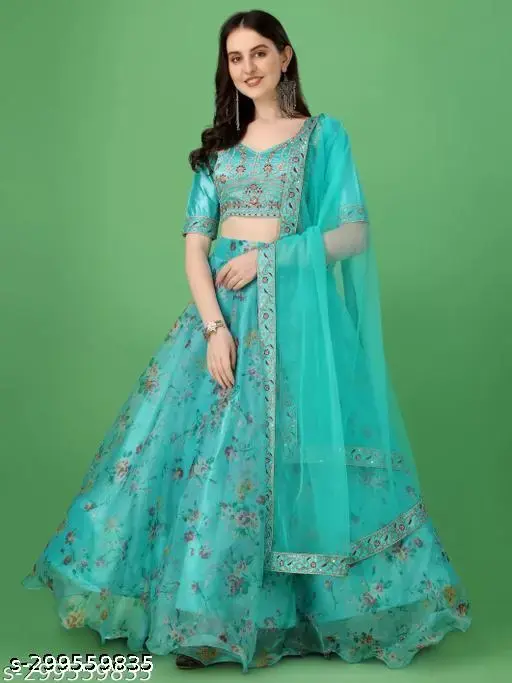 Embroidered Semi Stitched Lehenga Choli (Light Blue)